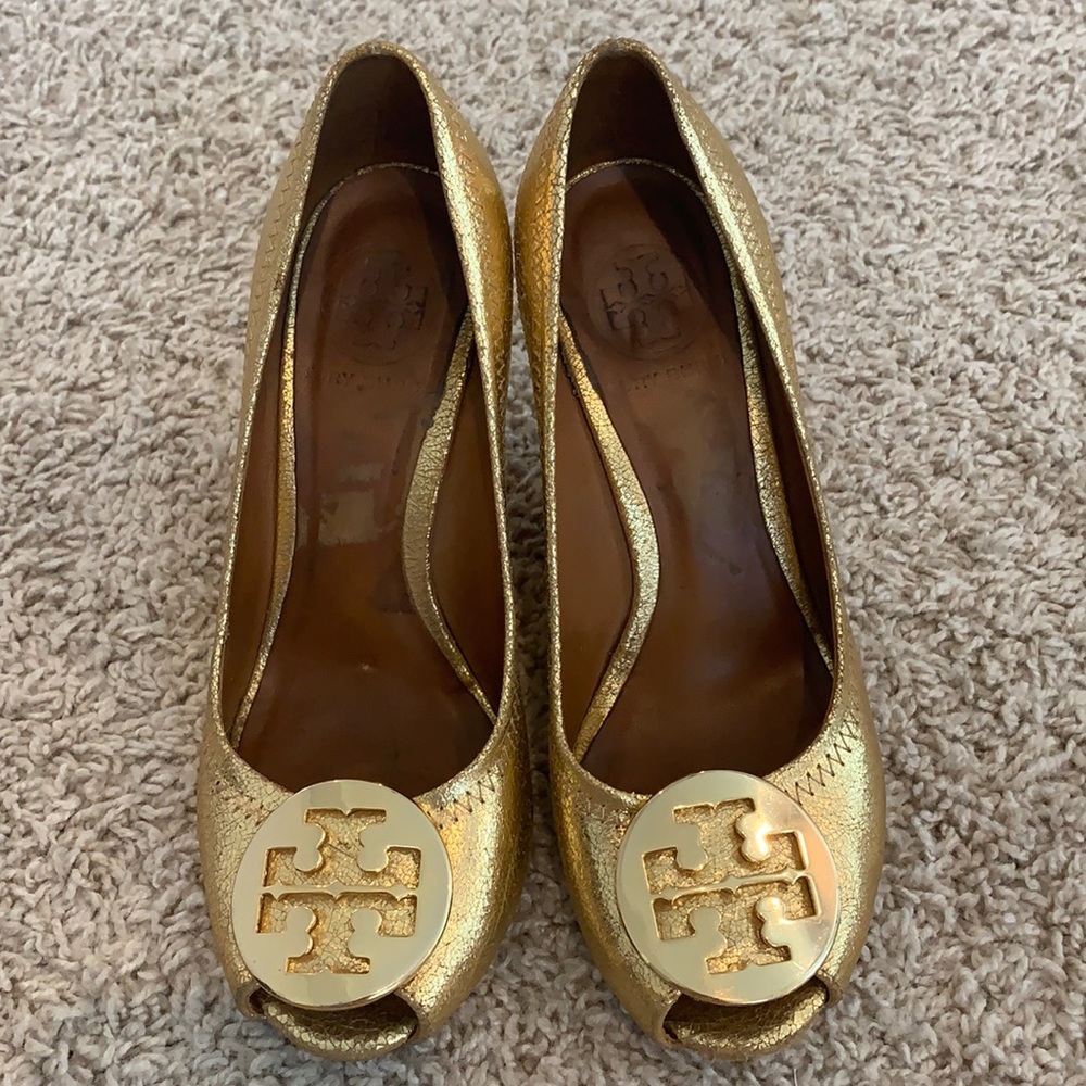 Gold shimmer Tory Burch logo wedges